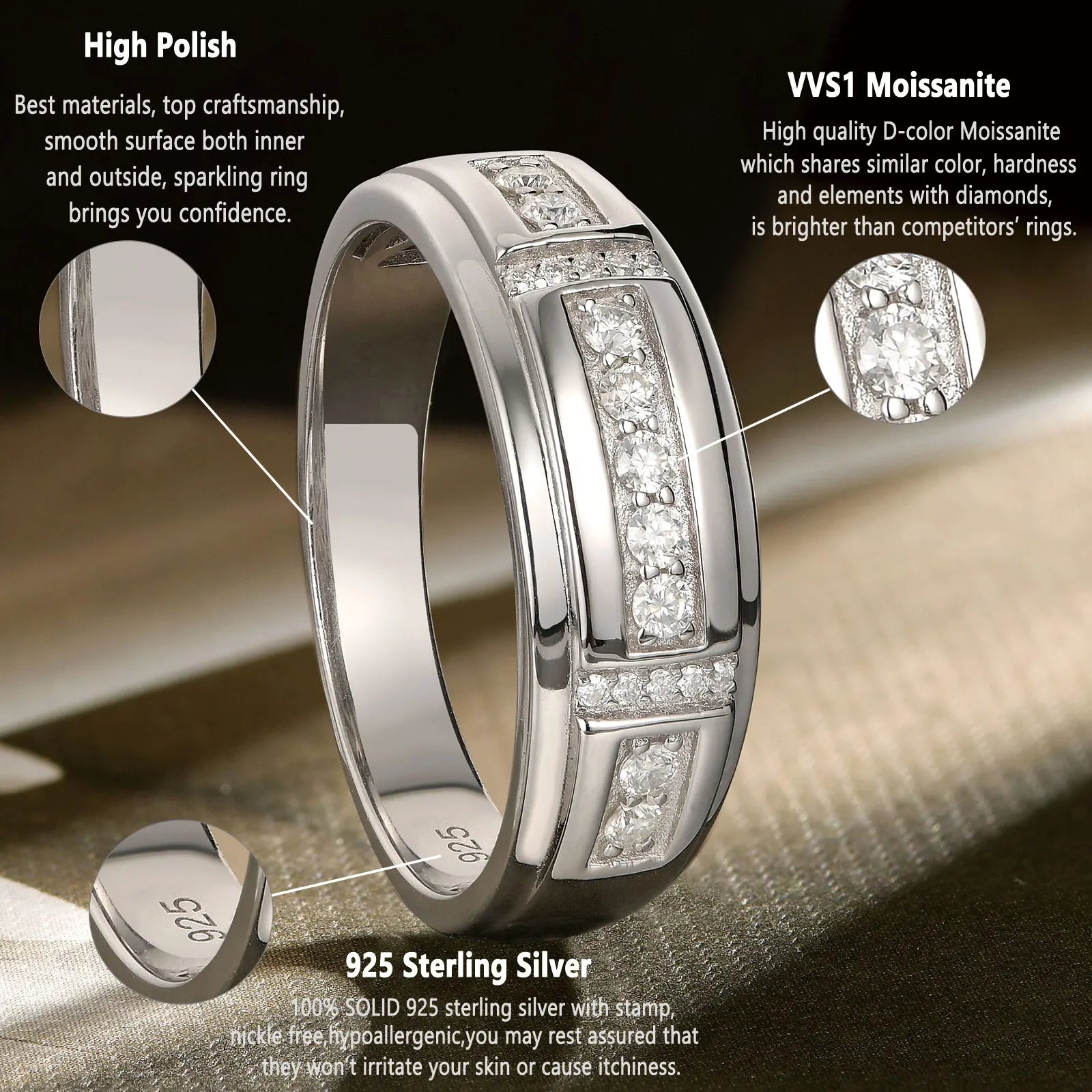 Anillo elegante de moissanita para hombre en plata de ley