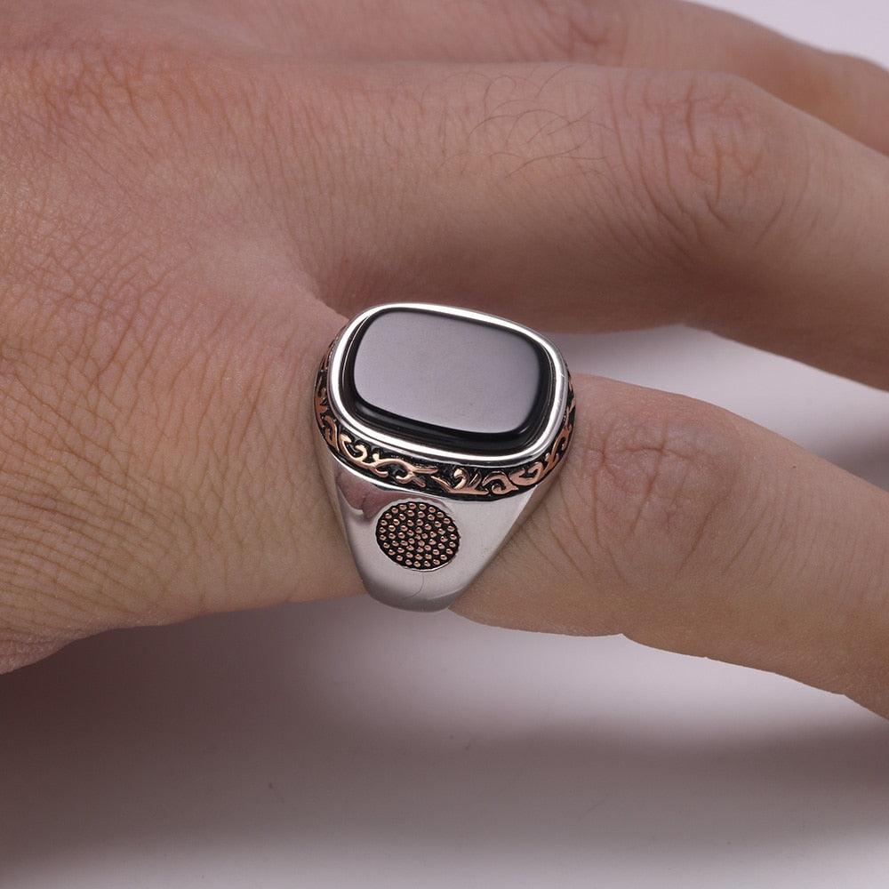 Men's Black Agate Vintage Ring - StellaJoya