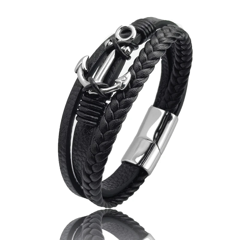 Pulsera de cuero para hombre con ancla