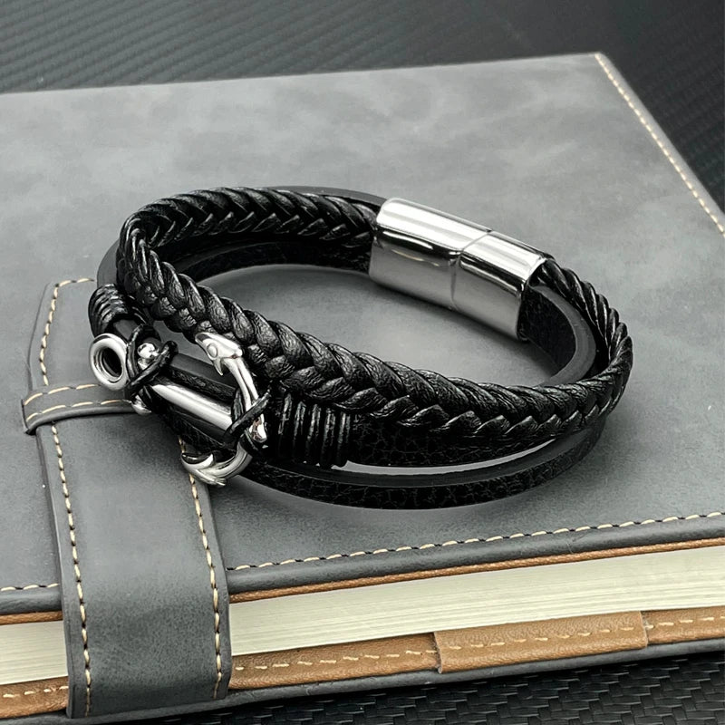 Pulsera de cuero para hombre con ancla