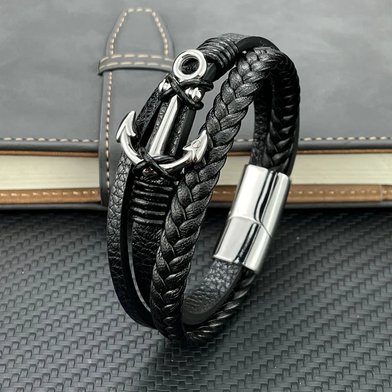 Pulsera de cuero para hombre con ancla